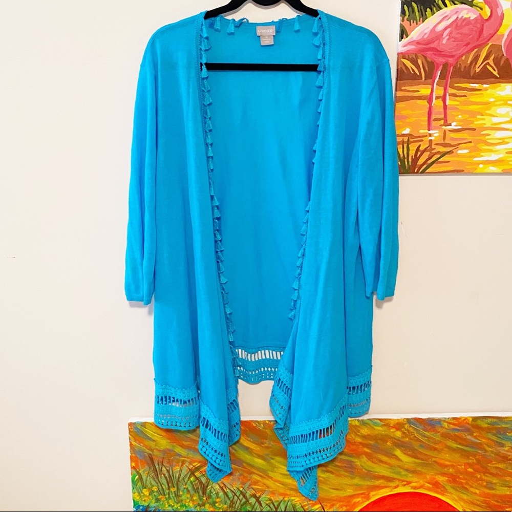 CHICOS Cotton Linen Blend Caribe Crochet Trim Top